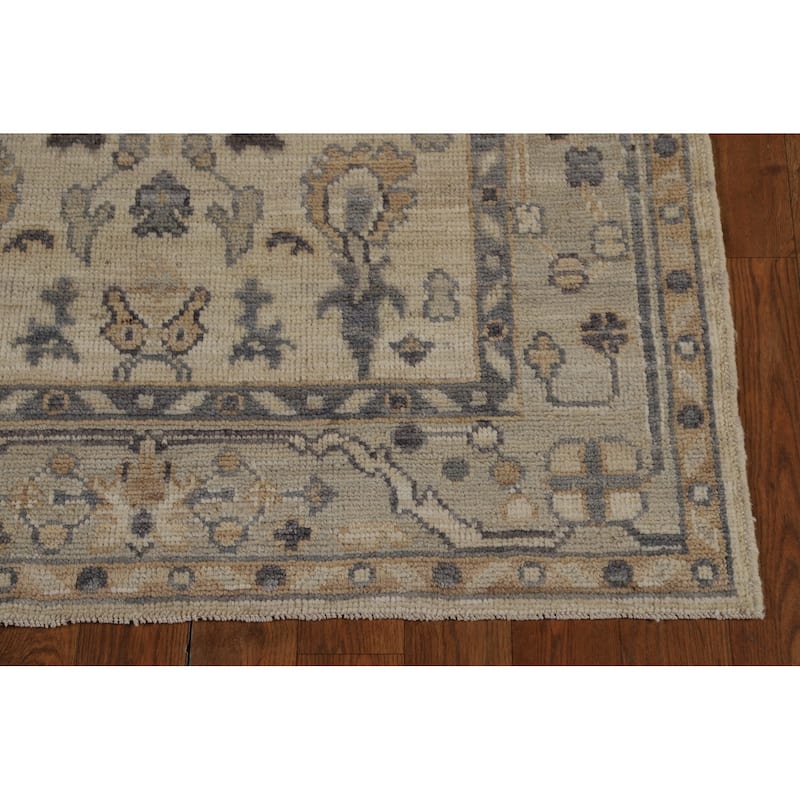 Vegetable Dye Beige Oushak Turkish Runner Rug Hand-Knotted Wool Carpet - 3'2" x 11'10"