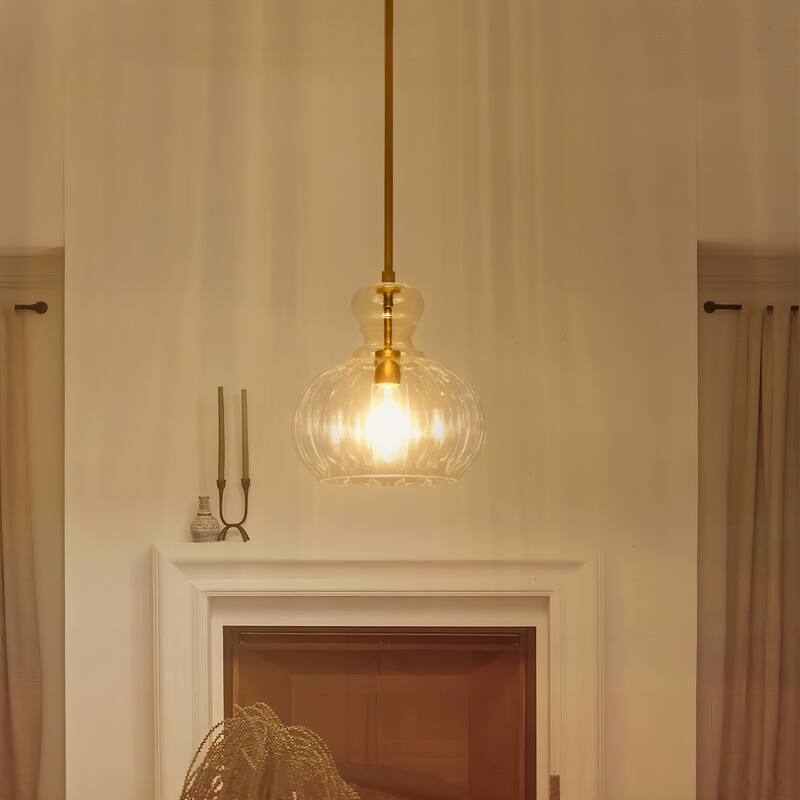 11" W Modern Traditional 1-Light Black/Gold Pendant Light with Clear Ribbed Pumpkin-shaped Glass Shade