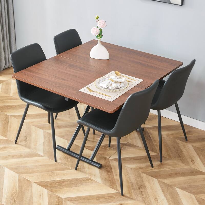 Table and chair set.Modern Multifunctional Lifting Platform, Paired with 4 Black Artificial PU Chairs