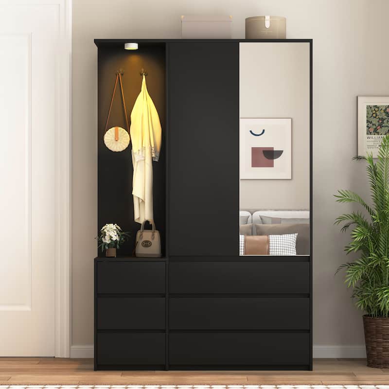 71.7" H Modern Wardrobe Closet with 2 Doors & 6 Drawers, Wooden Clothing Storage Cabinet with Hanging Rail