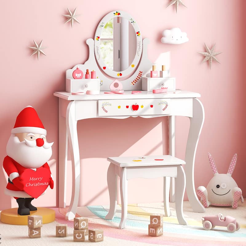 Kids Vanity and Stool Set with 360 Rotatable Mirror and Whiteboard-White - 27.5"L x 14"W x 40"H