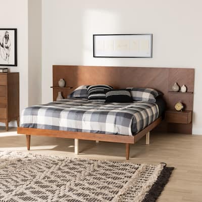 Graham Mid-Century Modern Transitional Ash Walnut Finished Wood Queen Size Platform Storage Bed with Built-In Nightstands