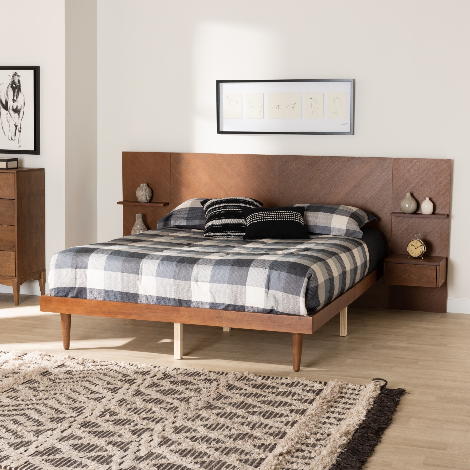 Graham Mid-Century Modern Transitional Ash Walnut Finished Wood Queen Size Platform Storage Bed with Built-In Nightstands