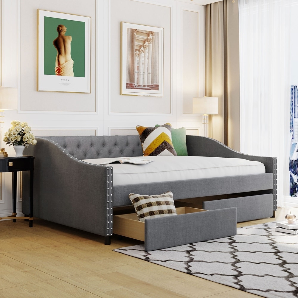 Upholstered daybed with Two Drawers, Wood Slat Support