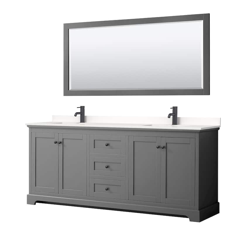 Avery 80-inch Double Vanity, Quartz Top, 70-inch Mirror - Dark Gray, Black Trim, White Quartz Top