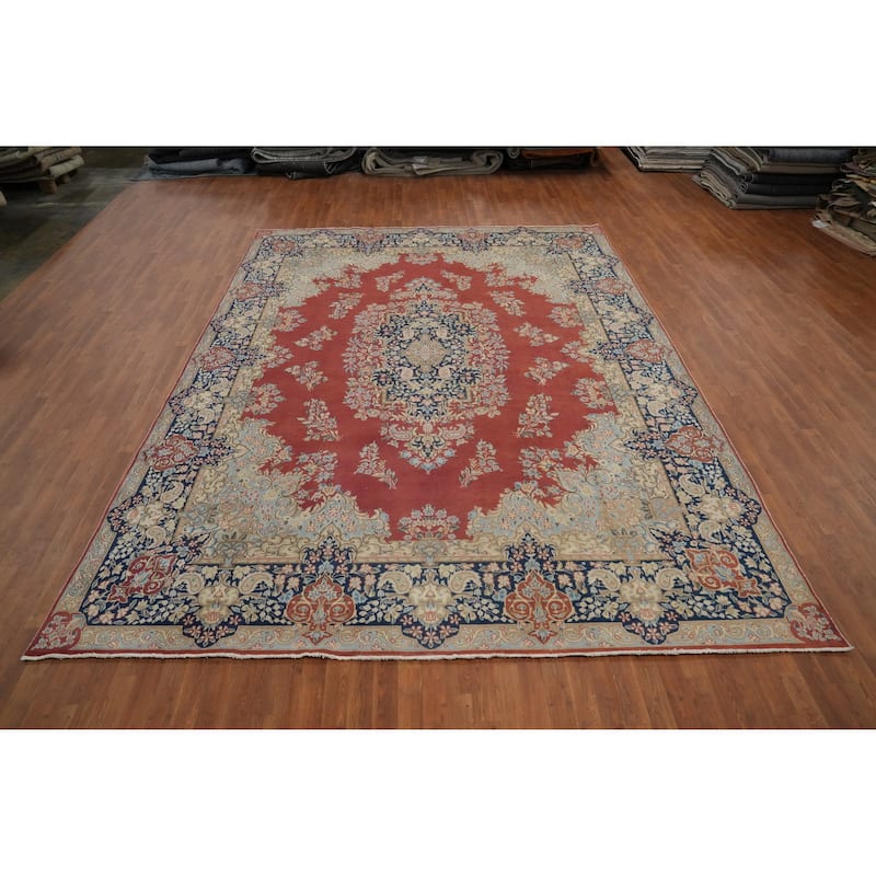 Hand Knotted Oriental 100% Wool Carpet Traditional Floral Oranges & Rust Kerman Area Rug - 13' 0'' X 9' 9''