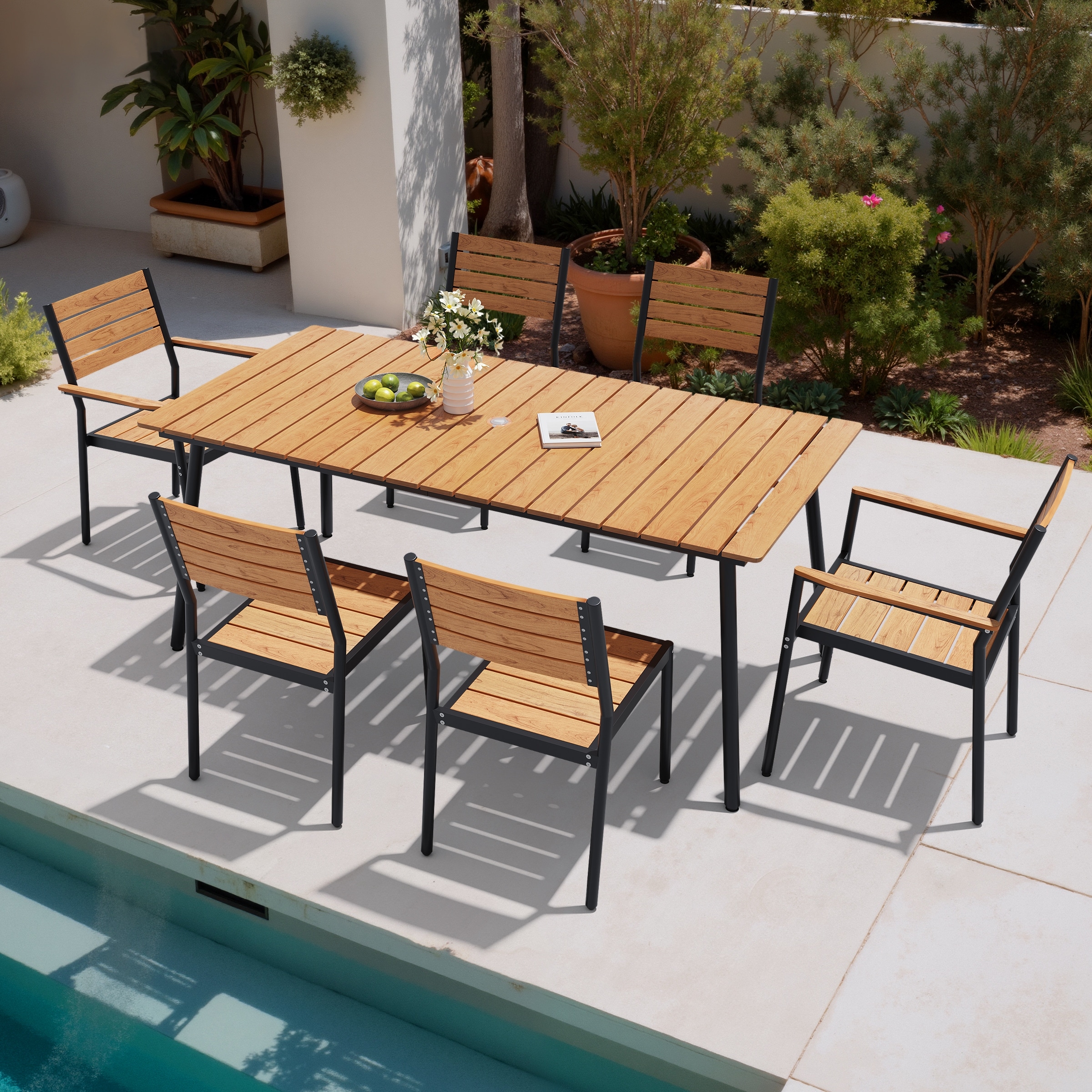 7-Piece Outdoor Patio Dining Set Wood-Like Table Top Aluminum Umbrella Hole Table with Stackable Chairs