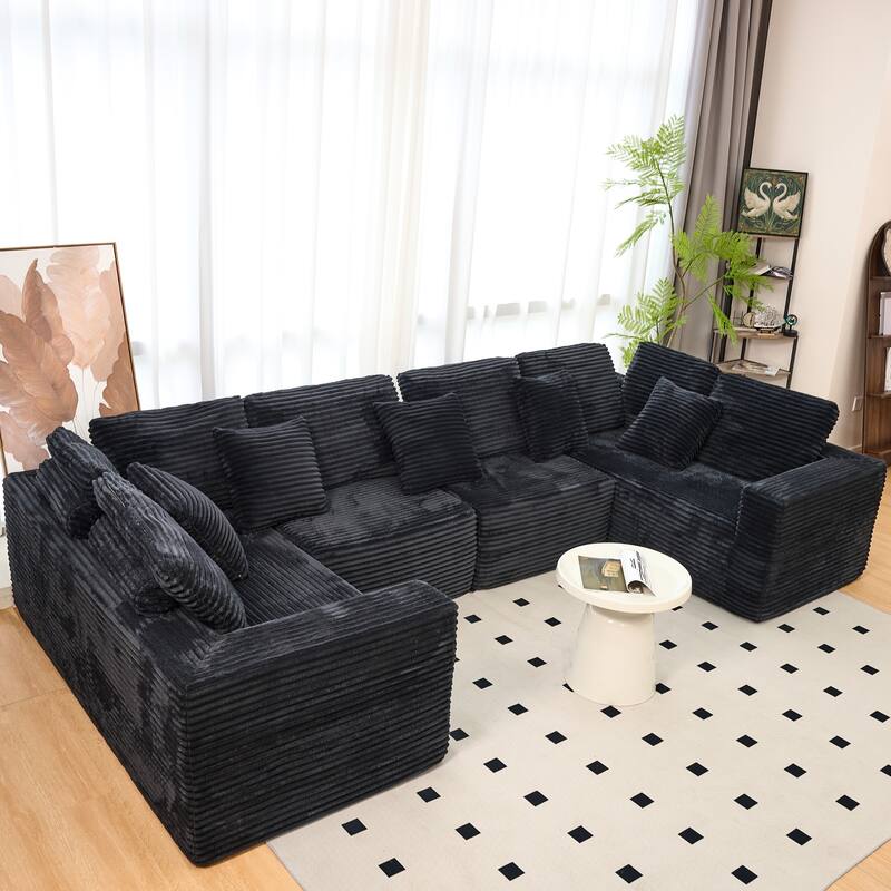 Pet Friendly Corduroy Sleeper Sofa Bed Modular U-Shaped Sectional Sofa with Chaise Lounge, Floor Standing Couch with Pillows