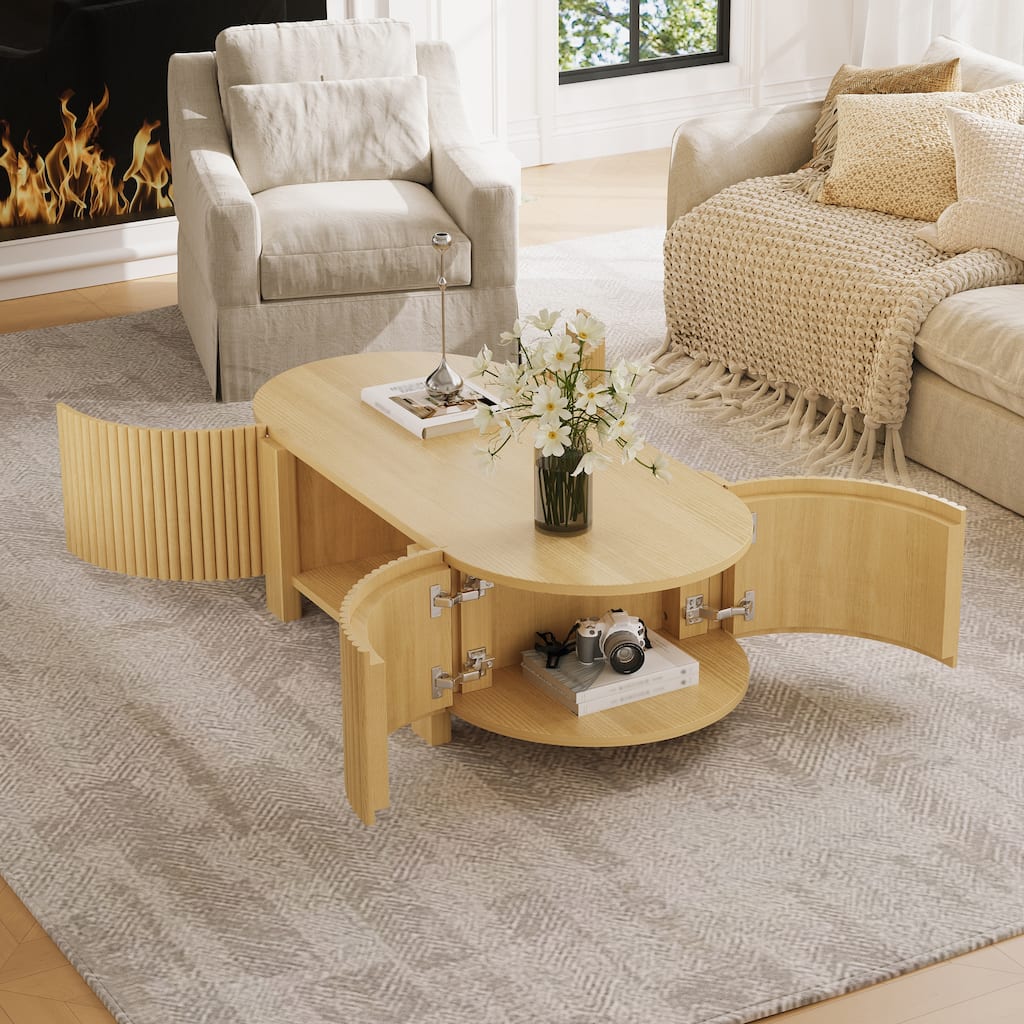 47" Oval Fluted Coffee Table with Storage, Rubber Wood, 1 Shelf & 2 Doors - Natural