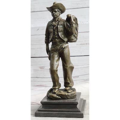Country Western Cowboy In Chaps Carrying Imitative Horse Saddle Bronze Statue Sculpture Figure 12 Inches X 4 Inches
