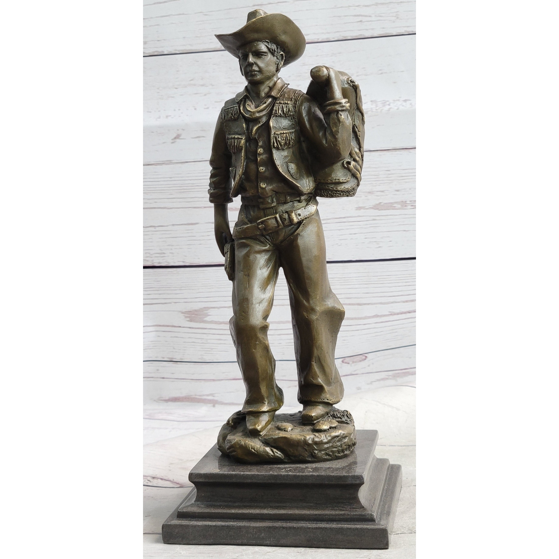 Country Western Cowboy In Chaps Carrying Horse Saddle Bronze Statue Sculpture Figure 12 Inches X 4 Inches