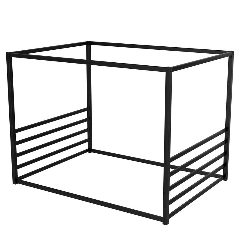 Queen Size Modern Floor Bed Frame with Canopy Structure and Full Guardrails, Low-Profile Metal Platform Bed