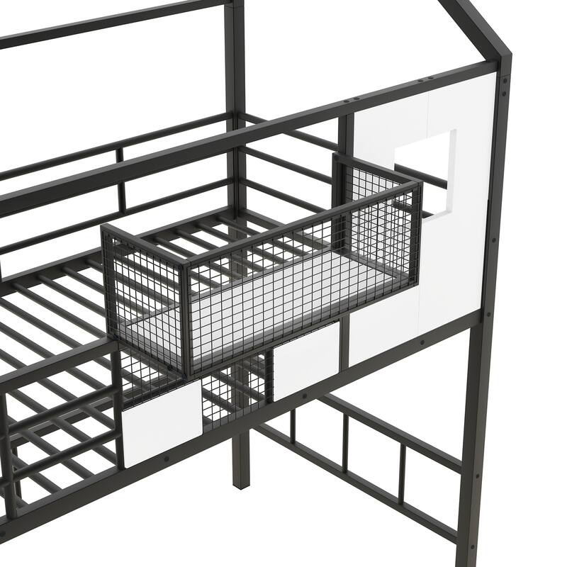 Metal Loft Bed for Kids with Roof Design, Storage Box, and Guardrails - Twin Size, Perfect for Small Spaces