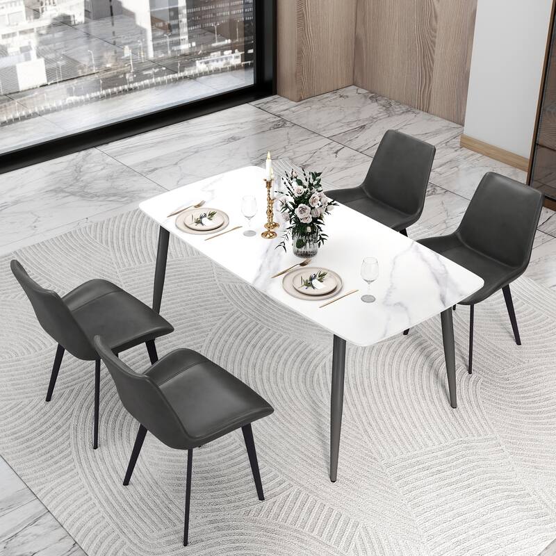 63" Rectangle Modern Sintered Stone Dining Table, Industrial Kitchen Table with Metal Legs for 6 People - White