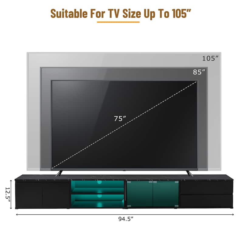 94.5" TV Stand with Tempered Glass Doors, Drawers & Cabinets for TVs Up to 105"