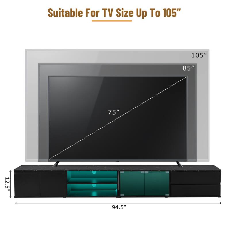 Faux Marble TV Stand with LED Lights for TVs up to 105", Tempered Glass Doors & 2 Drawers, APP Controlled Media Console