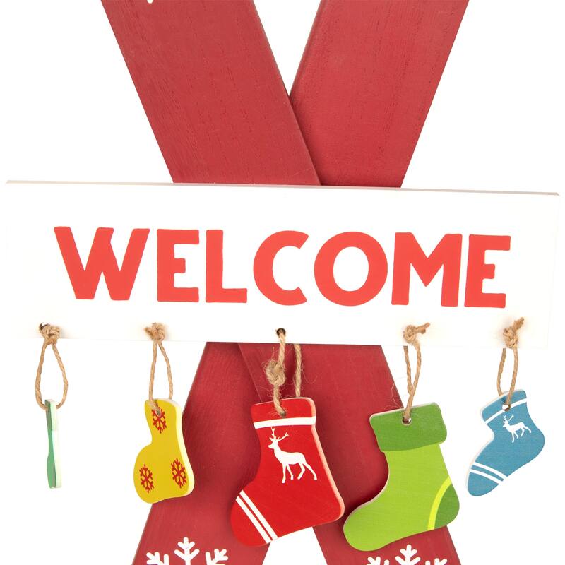 Wooden Welcome Skis with Christmas Stockings Hanging Decoration - 23.5"