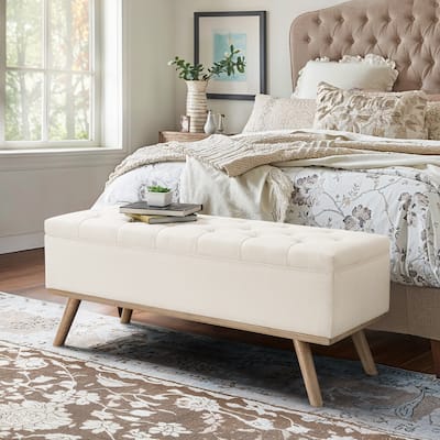 Mid-Century Modern Upholstered Storage Ottoman Button Tufted Fabric Storage Bench with Linen Seat - 17.5 D X 50.4 W X 20.5 H