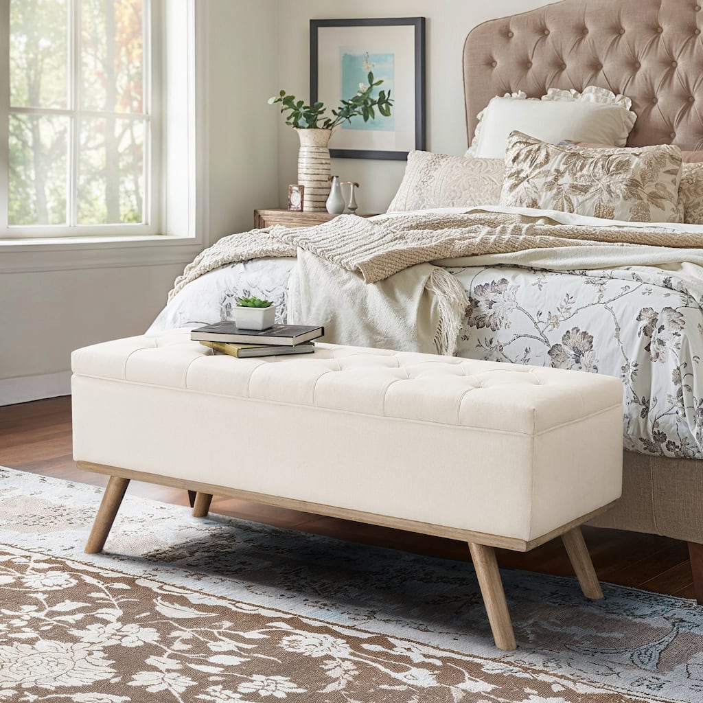Mid-Century Modern Upholstered Storage Ottoman Button Tufted Fabric Storage Bench with Linen Seat - 17.5 D X 50.4 W X 20.5 H
