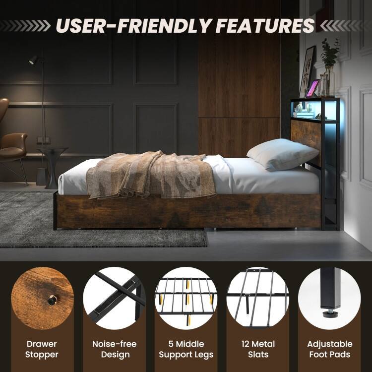 Full/Queen Size Bed Frame with Smart LED Lights and Storage Drawers