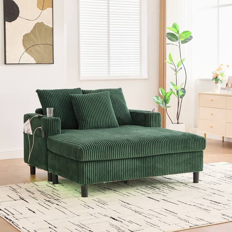 Corduroy Recliner Sofa - Oversized Deep Seat with USB, RGB Lights, Cup Holder & Side Pocket - Living Room, Bedroom