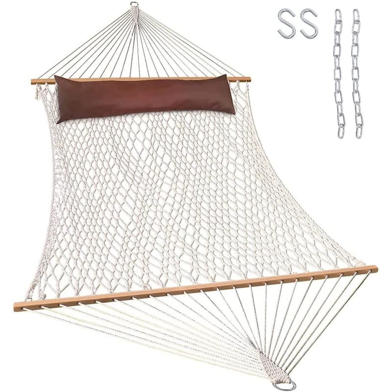 13FT Double Rope Hammocks, Traditional Hand Woven Cotton Hammock - Natural-with Pillow