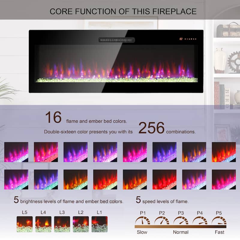 60 Inch Electric Fireplace, Recessed and Wall Mounted Fireplace