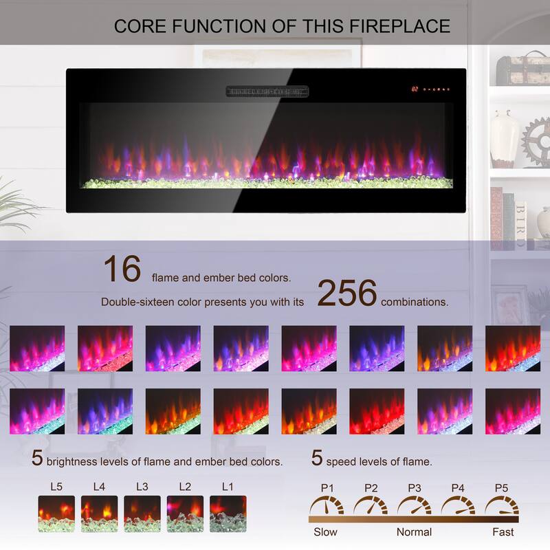 60-Inch Electric Fireplace Insert with 3D Realistic Flame Effect, Infrared Remote Control, and Wall Mounting Options