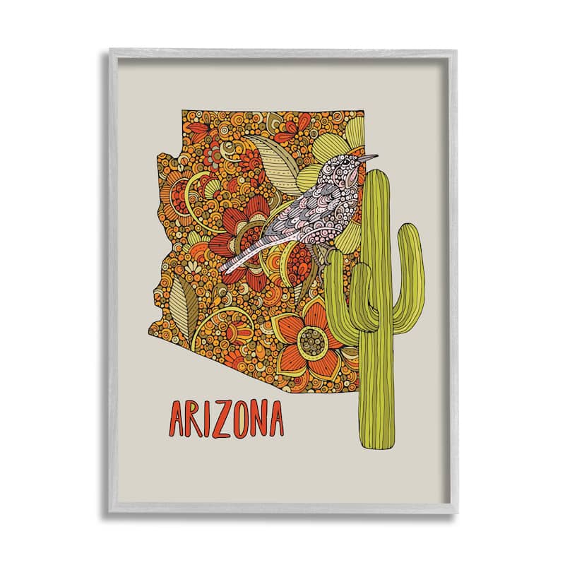 Stupell Arizona State Bird Detailed Cactus Floral Pattern Framed Wall Art, Design by Valentina Harper - 24 x 30 - Grey