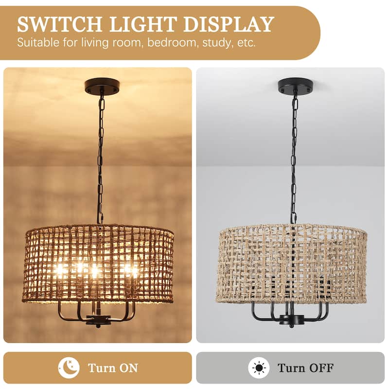 5 - Light Dimmable Drum Chandelier Natural Rattan Bohemian & Coastal Pendant - 18.9 in