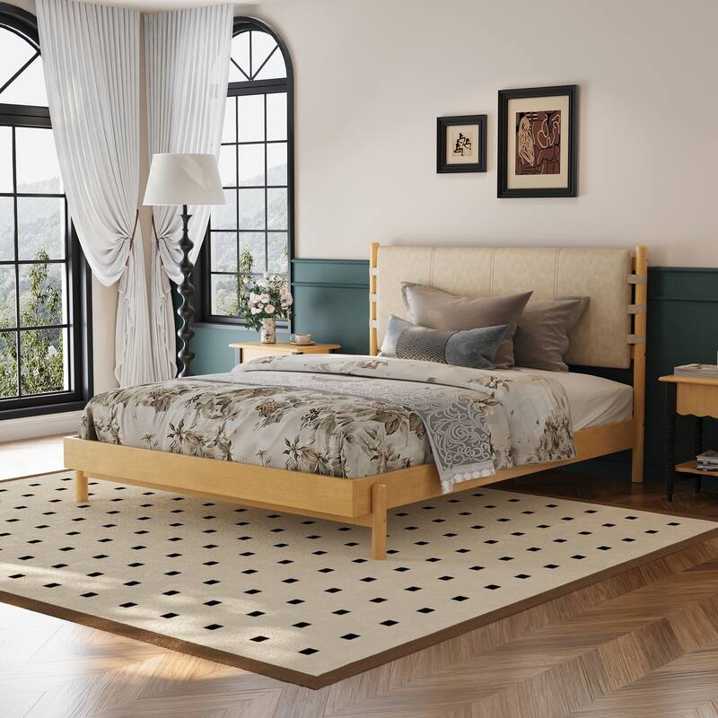 Classic Queen/King Size Platform Bed, Rubber Wood Bed Frame with Upholstered Headboard, Wood Slat Support