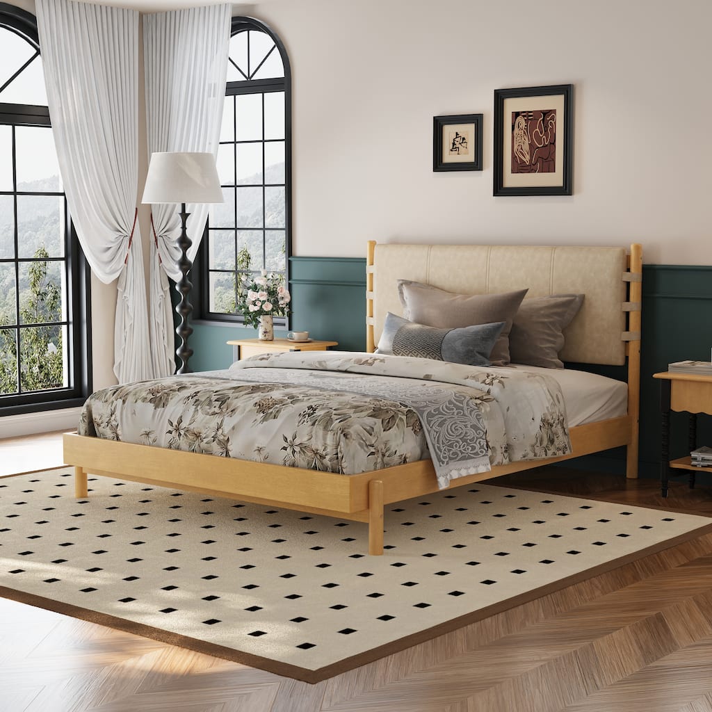 Queen Size Mid Century Modern Platform Bed Frame with Headboard, Beige Color