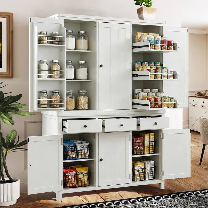 Farmhouse 74.8"Tall Freestanding Kitchen Pantry with Door Shelves,Adjustable Shelves, Pull-out Trays and Drawers - White