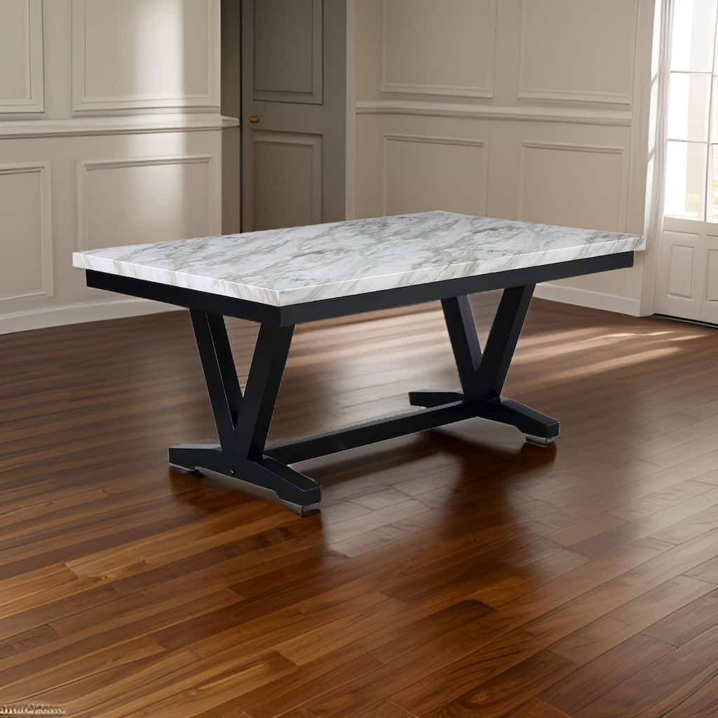 Oliver 72 Inch Dining Table With Faux Carrara Marble Top, White and Black