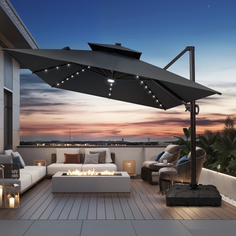 10X13 FT Outdoor Cantilever Patio Umbrella Solar LED Light with Wheel Base