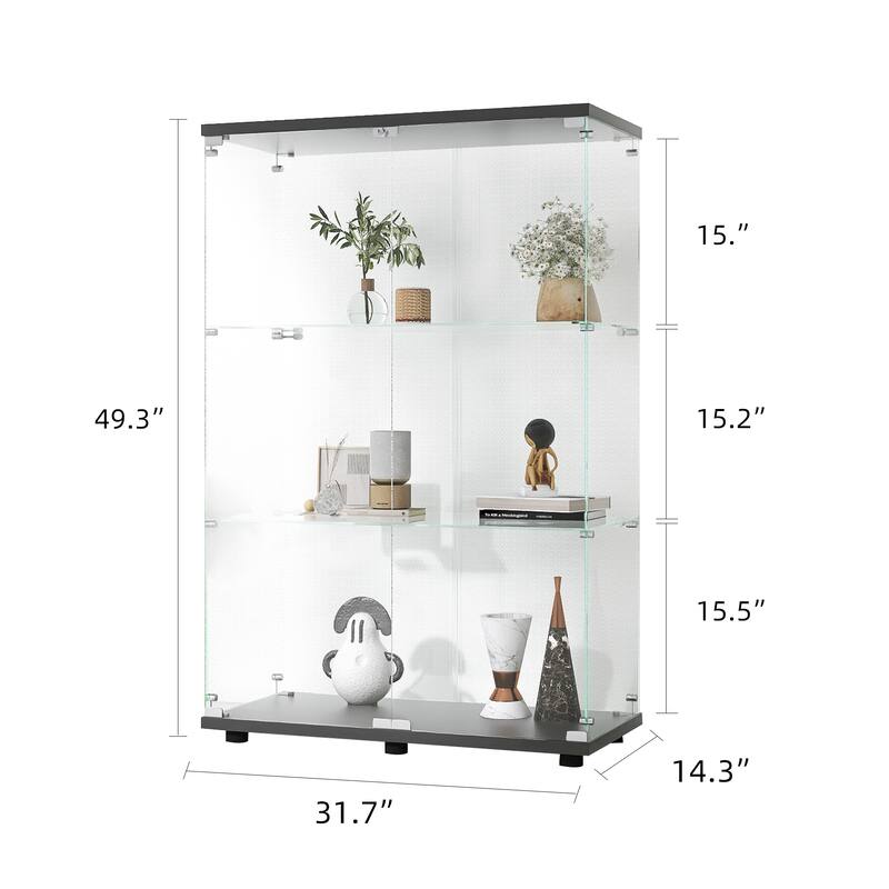 One-Door Glass Display Cabinet with 3 Shelves, Floor Standing Curio Bookshelf with Tempered Glass for Living Room Bedroom Office