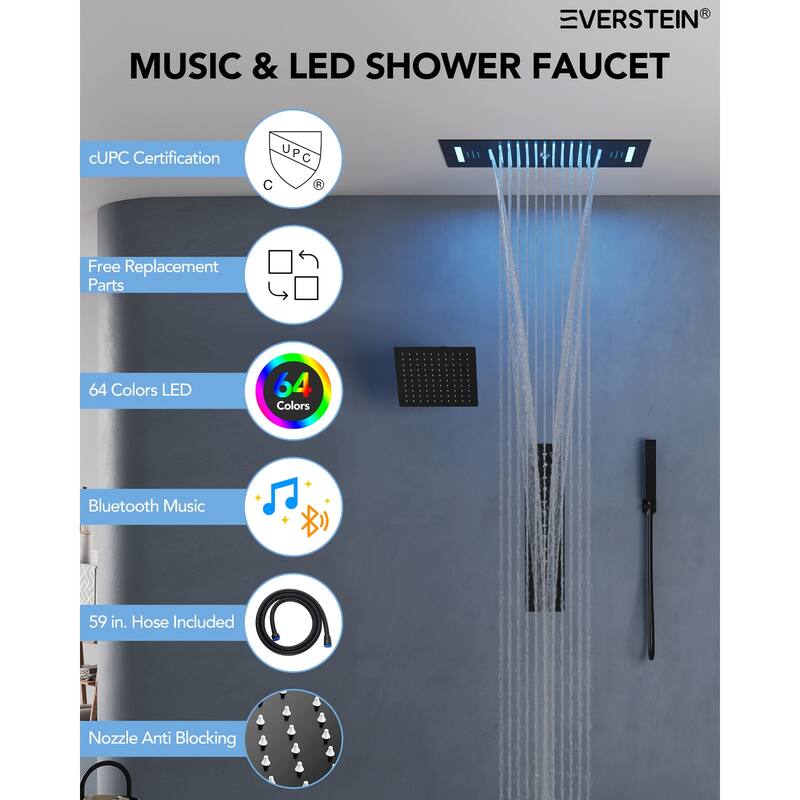Dual Heads 20" Thermostatic Shower System, 64-Color LED Mood Lighting 3-Functions Shower Head with Bluetooth Music