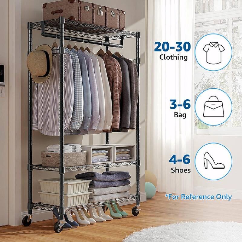 Heavy Duty Rolling Garment Rack with Wheels, 3-Tier Adjustable Wire Shelving, Clothes Rack with Rods & Side Hooks