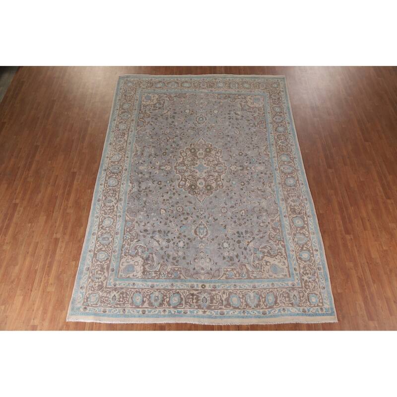 Hand Knotted Oriental 100% Wool Carpet Traditional Floral Greys & Charcoal Tabriz Area Rug - 13' 3'' X 9' 4''