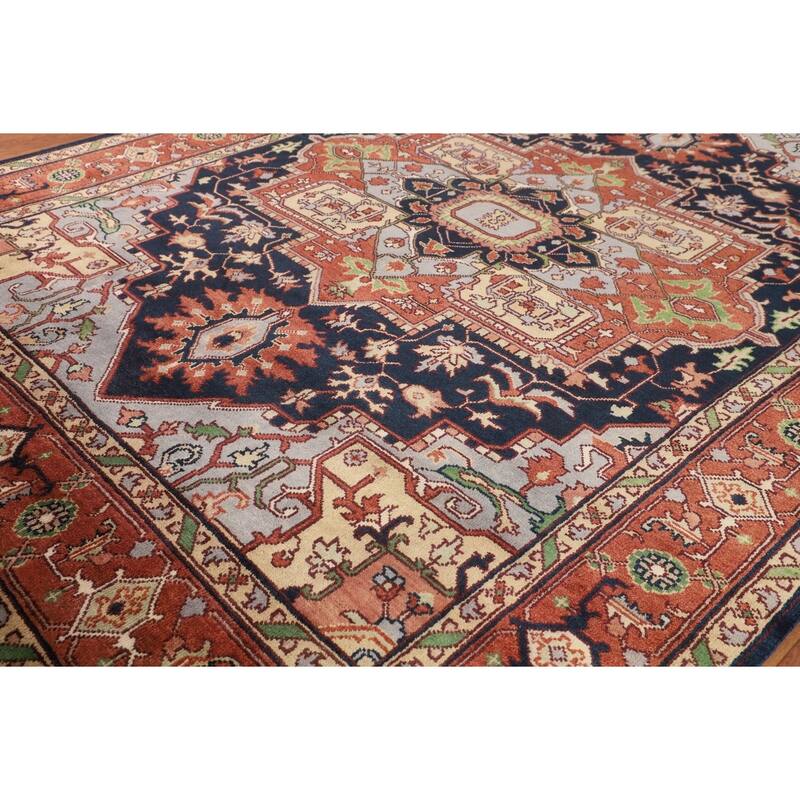 Navy Blue Orange Heriz Serapi Indian Area Rug Hand-Knotted Wool Carpet - 8'10" X 11'9"