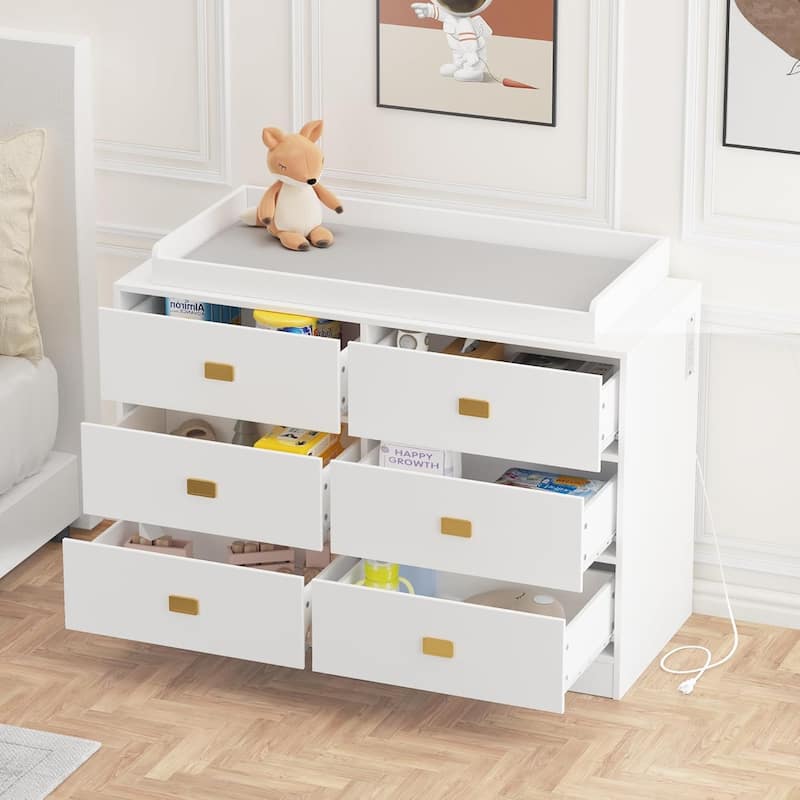 Dresser for Bedroom with 6 Drawers, Wide Chest of Drawers with Changing Table Top - White - 6-drawer