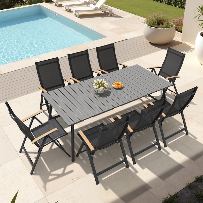 7/9-Piece Outdoor Patio Dining Set Aluminum Rectangular Dining Table and Folding Chairs - Dark Grey Table - Set of 9