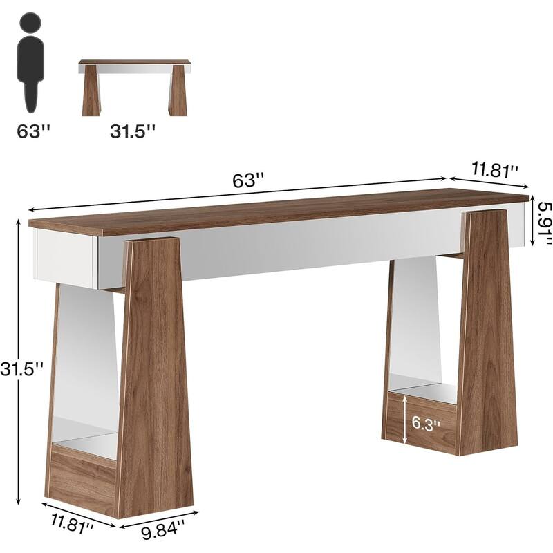 63 Inches Brown Wood Mirrored Console Table with Heavy-Duty Legs, Entryway Table for Hallway