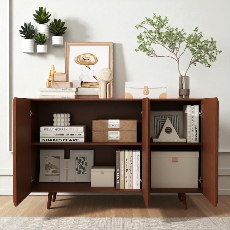 Farmhouse Rattan Buffet Cabinet with Adjustable Shelves and Wood Doors - Entryway Storage Sideboard Console