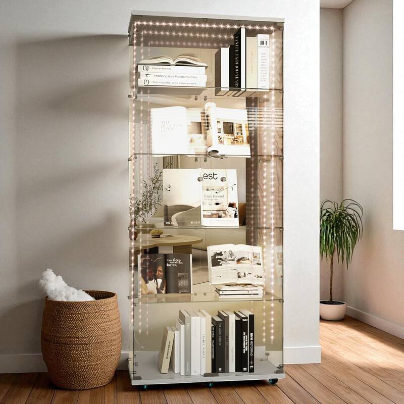 76" Tall Tempered Glass Display Cabinet with Mirror Back, Bluetooth LED Light Strip, Lockable Doors and Casters