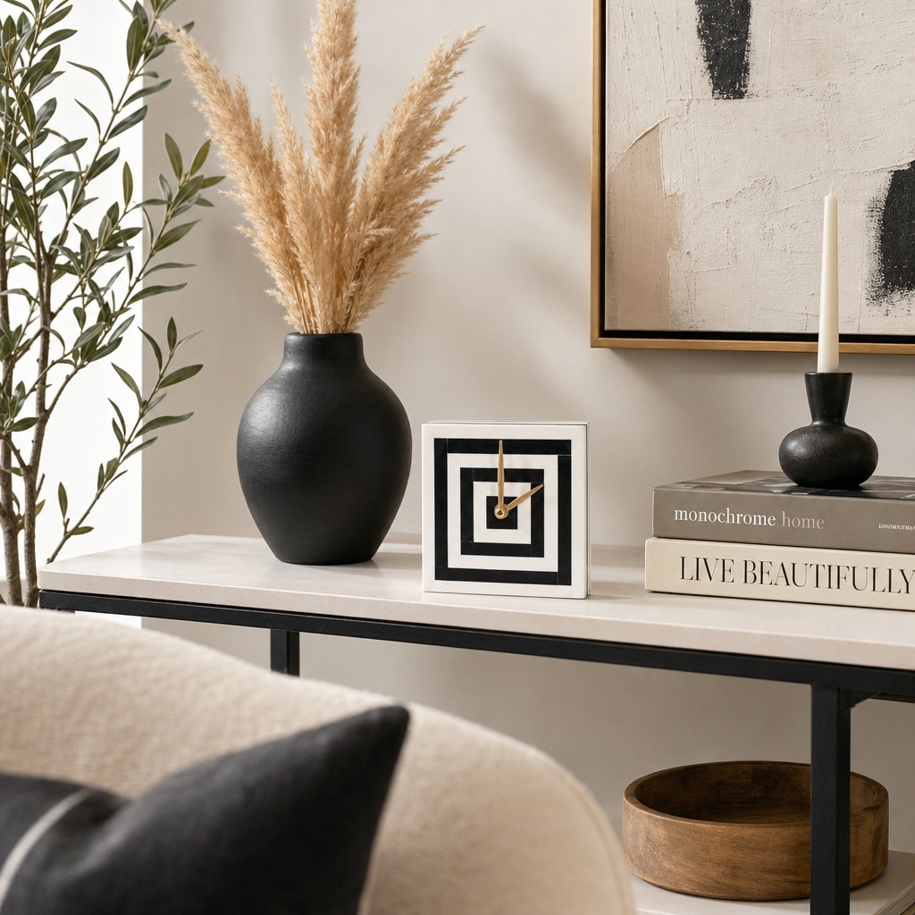 Decorative Square Resin Tabletop Clock with Wooden Accent - 6", White - 5.25"