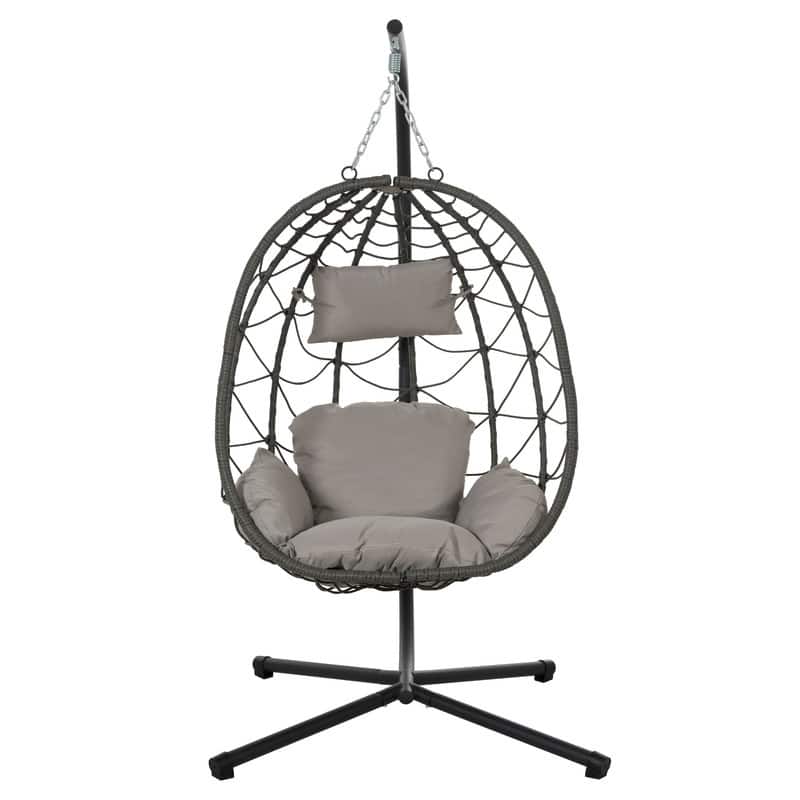 Hanging Egg Chair with Stand - Rattan Swing for Patio & Home - Dark Grey