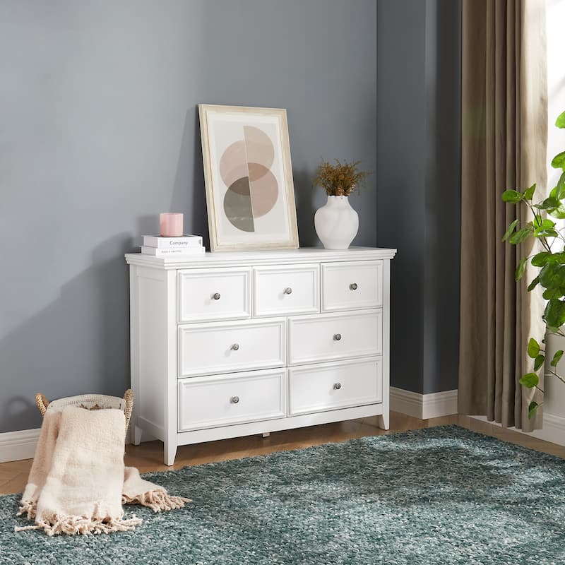 GDFStudio - Farmhouse Modern 7-Drawer Dresser Cabinet with Smooth Metal Slides and Wide Top - White