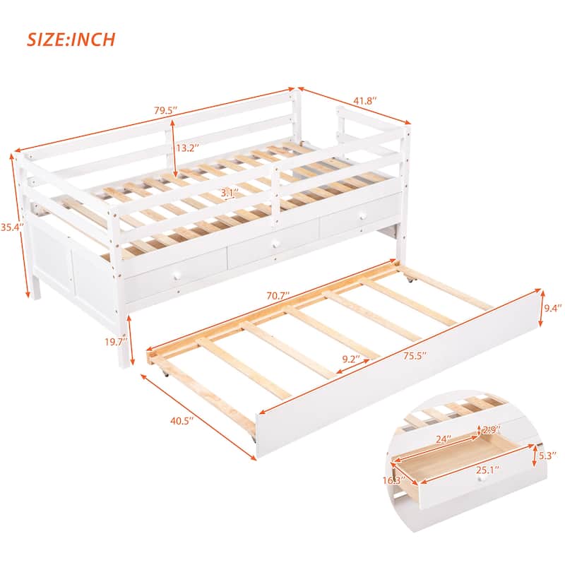 Solid Wood Low Bed with Full Safety Fence, Climbing ladder,Storage Drawers and Trundle