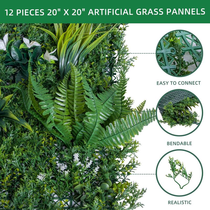 12 Pack Artificial Grass Wall Panels,20"x 20" Artificial Plant Wall Panels Fake Greenery Leaf Hedge